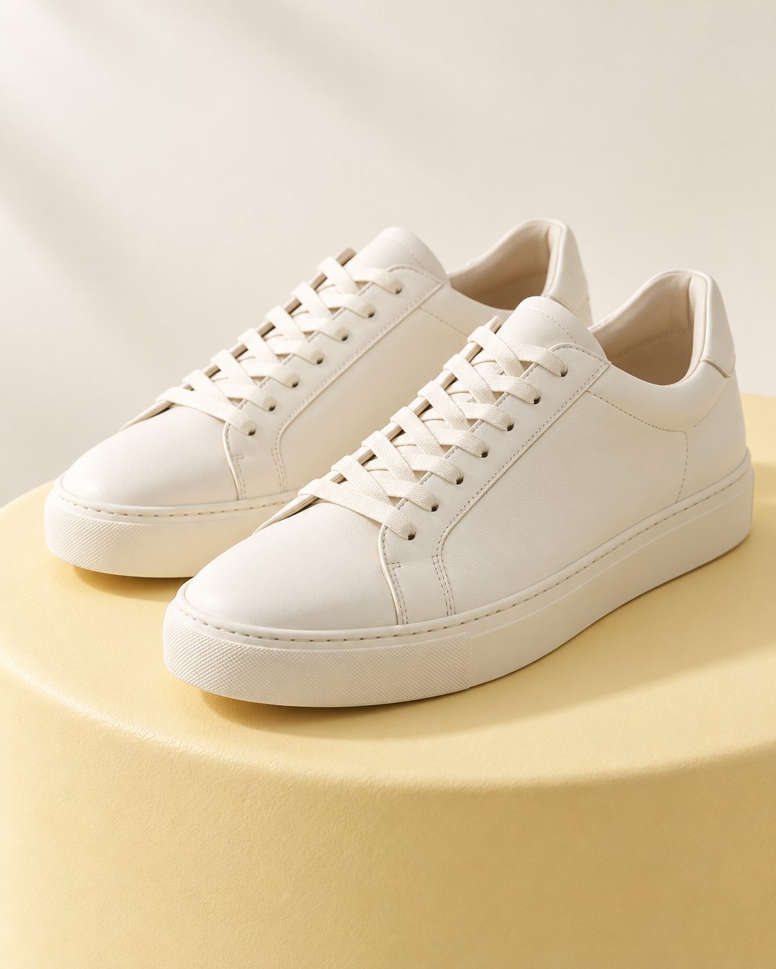 Illustrative cream sneakers against a warm light background