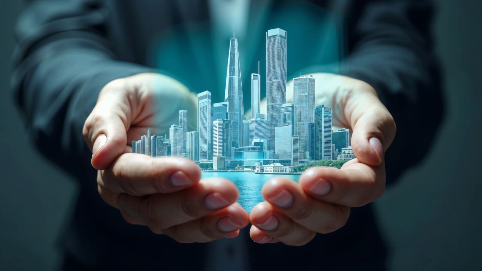 smart city concept with digital buildings held in hands representing smart building management system
