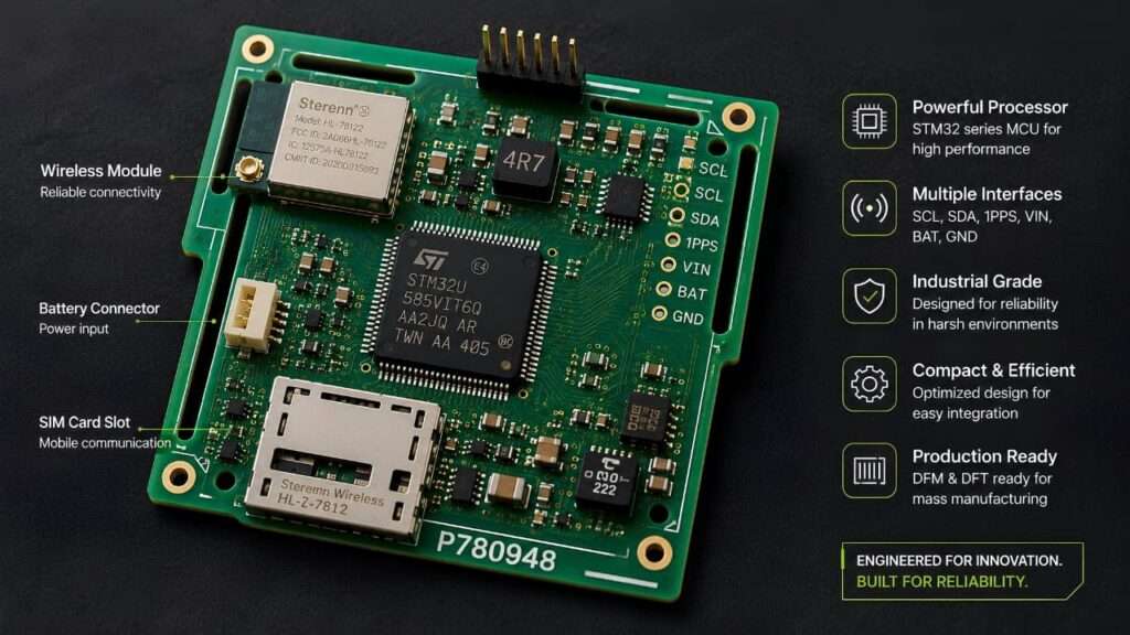PCB design showing power, RF, and mechanical components